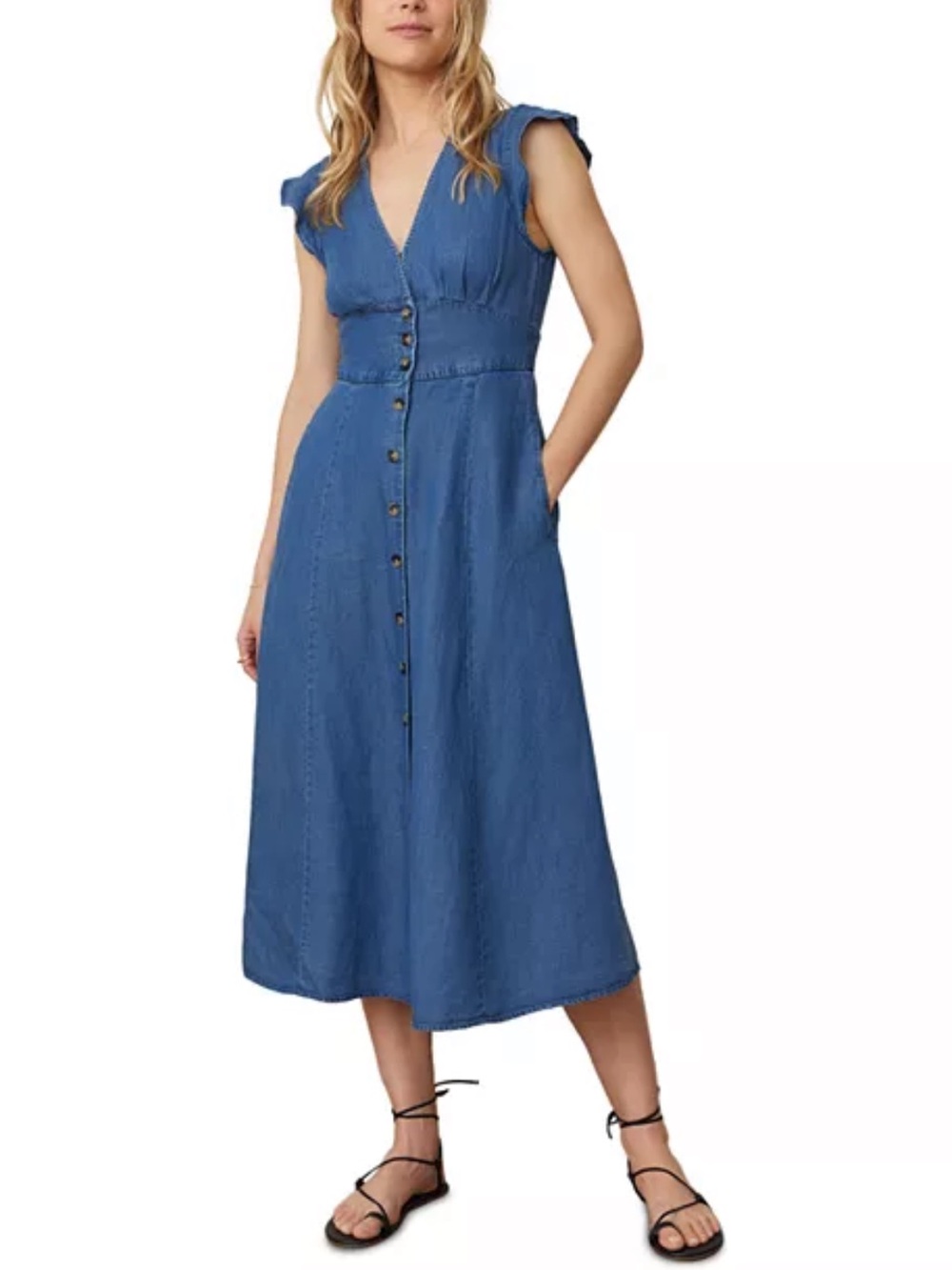 Marine Layer NWT Camila Midi Dress Chambray Denim Large Medium Wash